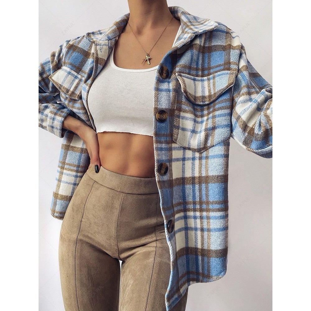 Zaful Light Blue Plaid Wool Blend Shacket Jacket 8 Drop Shoulder Pockets Fall